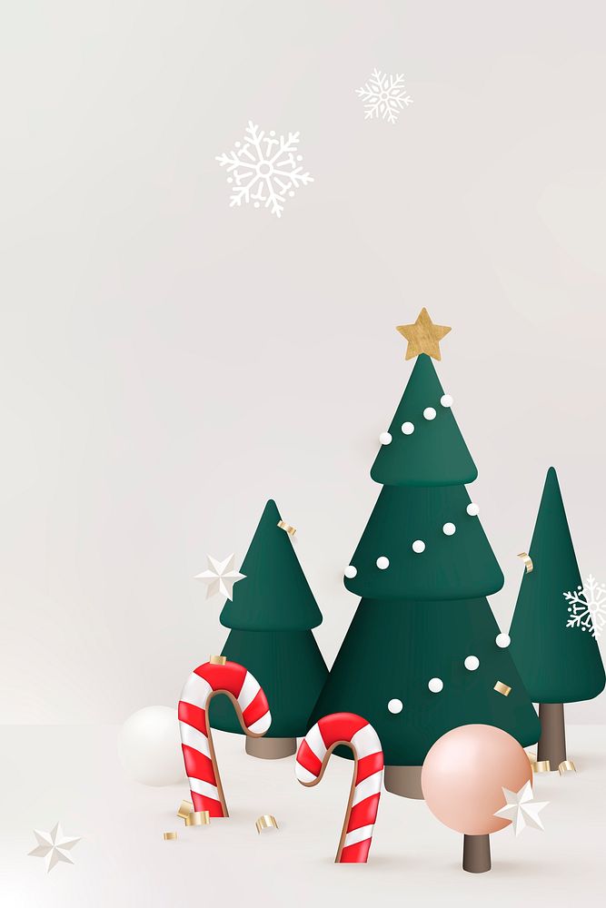 Winter holidays background, 3D Christmas tree and candy cane