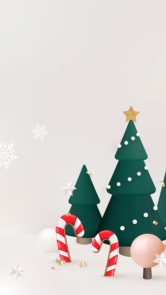 Cute Christmas mobile wallpaper, 3D Christmas tree and candy cane background