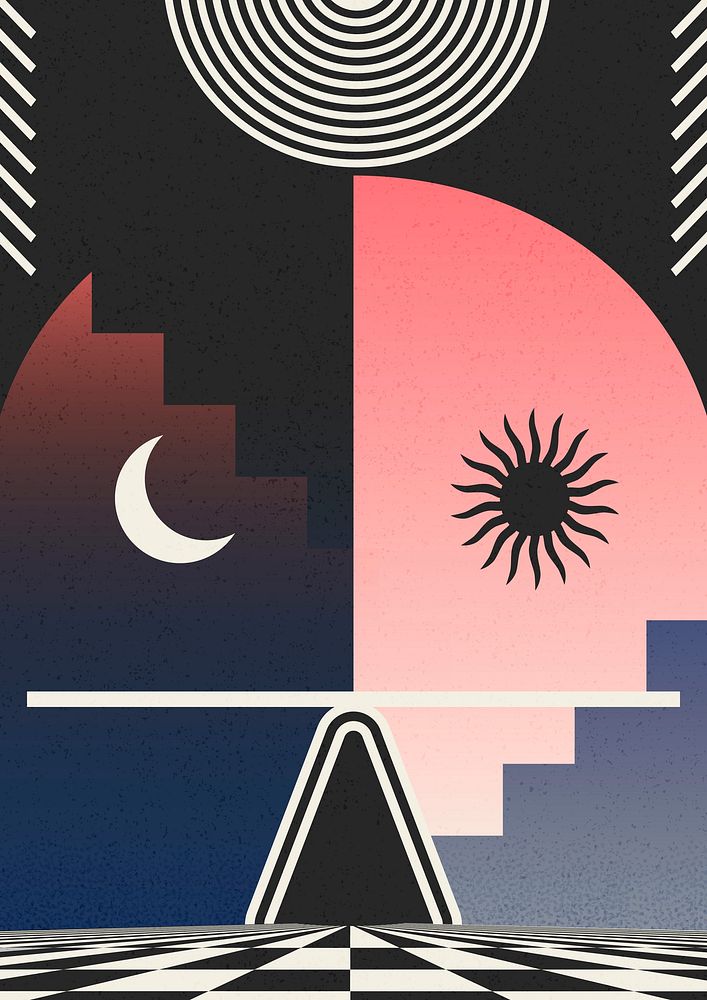 Retrofuturism landscape graphic, balance of night and day vector