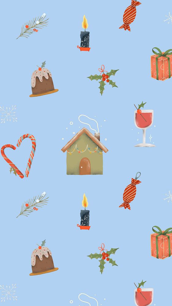 Christmas mobile wallpaper, cute seamless pattern, blue winter holidays illustration vector