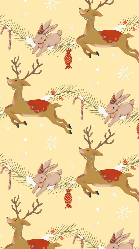 Christmas reindeer phone wallpaper, seamless pattern, cute holidays season background vector