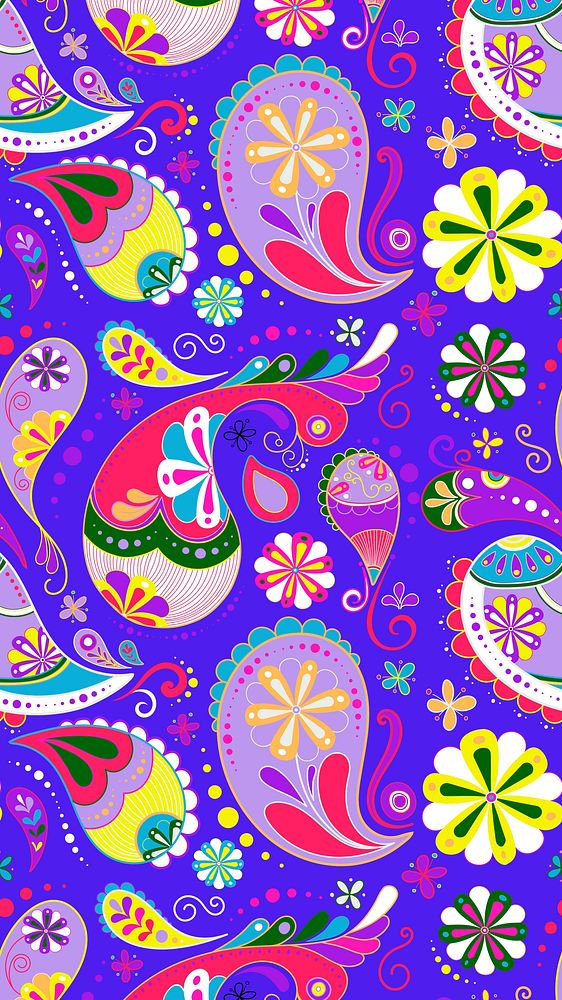 Paisley abstract iPhone wallpaper, Indian pattern, purple neon background vector
