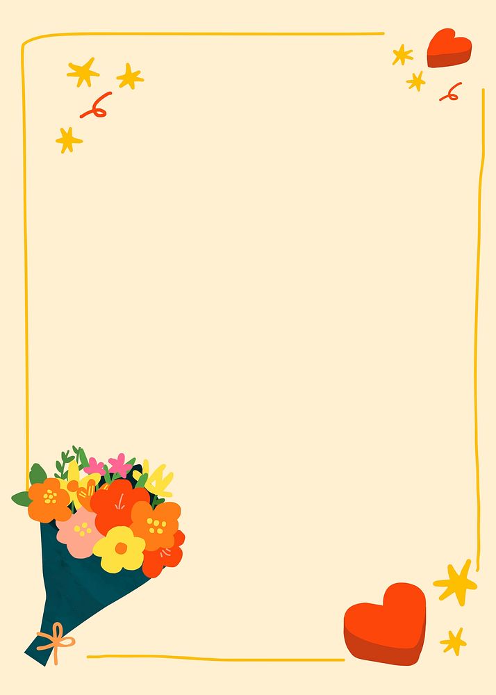Valentine&rsquo;s frame background, flower bouquet doodle in yellow psd