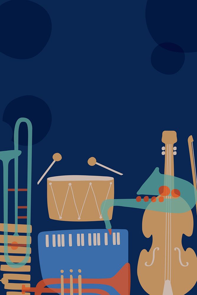 Blue retro background, music border, classical instruments vector