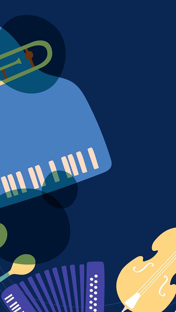 Jazz aesthetic phone wallpaper, musical instrument border in blue vector