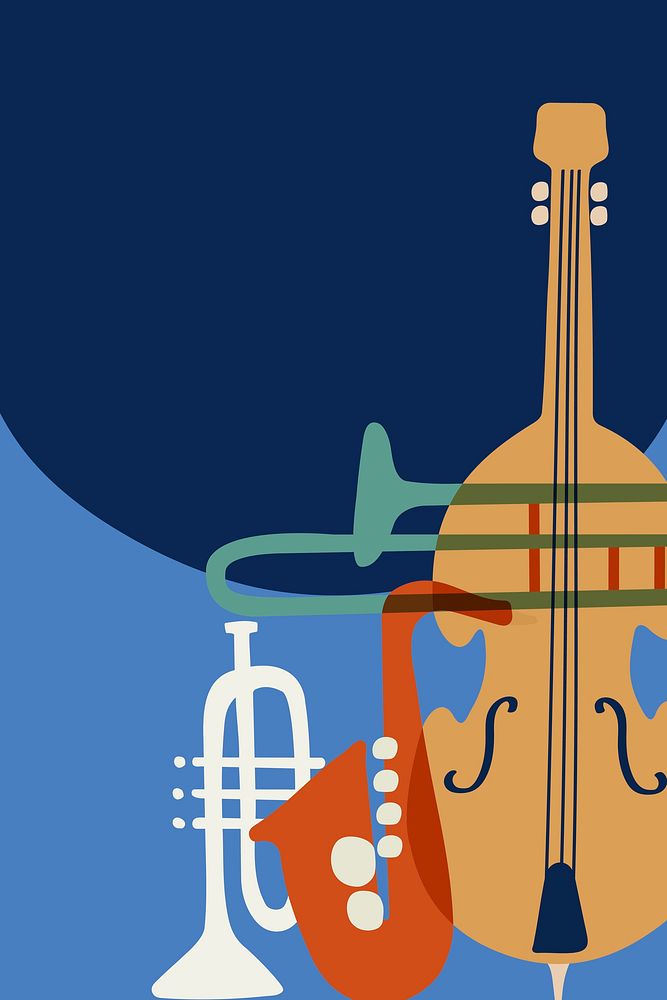 Blue retro background, music border, jazz instruments vector