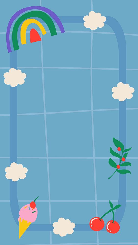 Rainbow phone wallpaper, cute doodle on grid pattern in blue vector