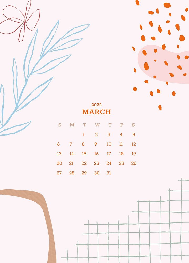 Botanical March monthly printable calendar