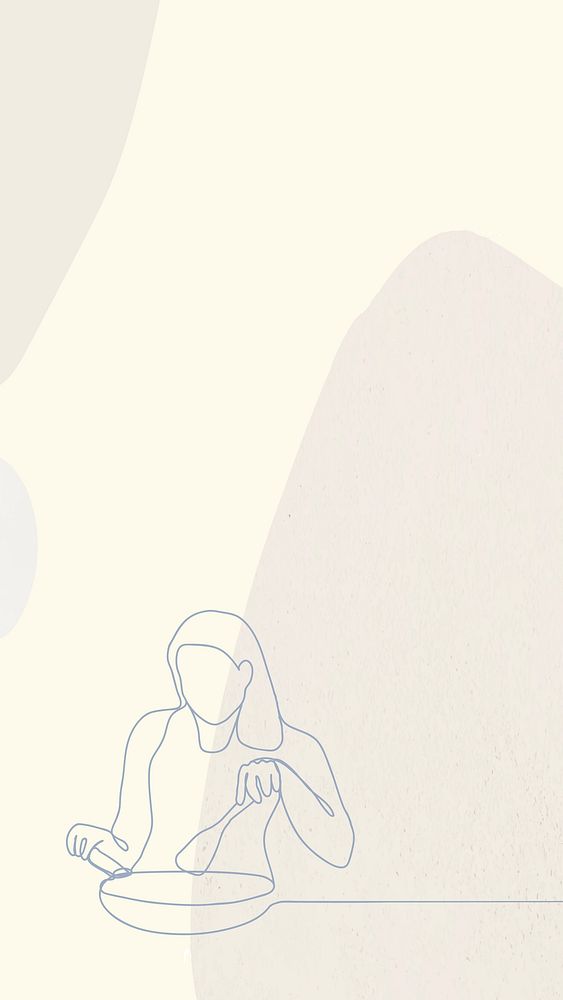 Woman cooking iPhone wallpaper, cute beige minimal line art background vector