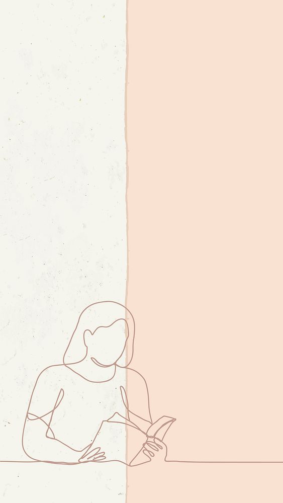 Woman reading phone wallpaper, mobile background, line art illustration vector