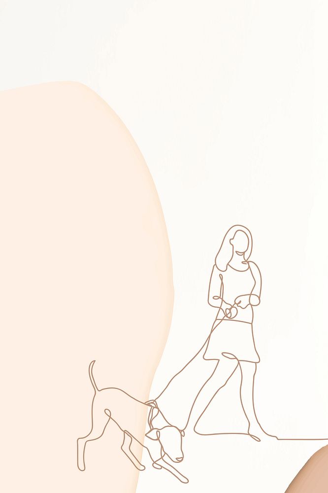 Minimal activity background, cream simple design, woman walking a dog illustration psd