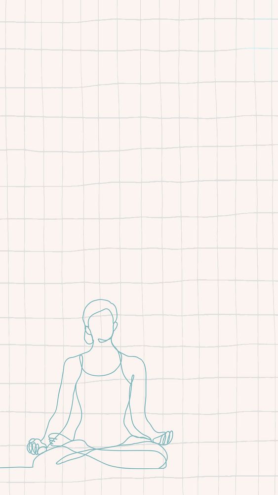 Relaxation pink phone wallpaper, grid background, yoga woman line art illustration