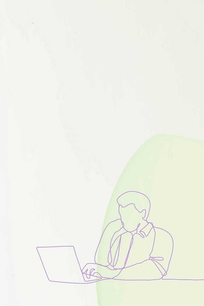 Minimal background, green simple design, person working on laptop illustration psd