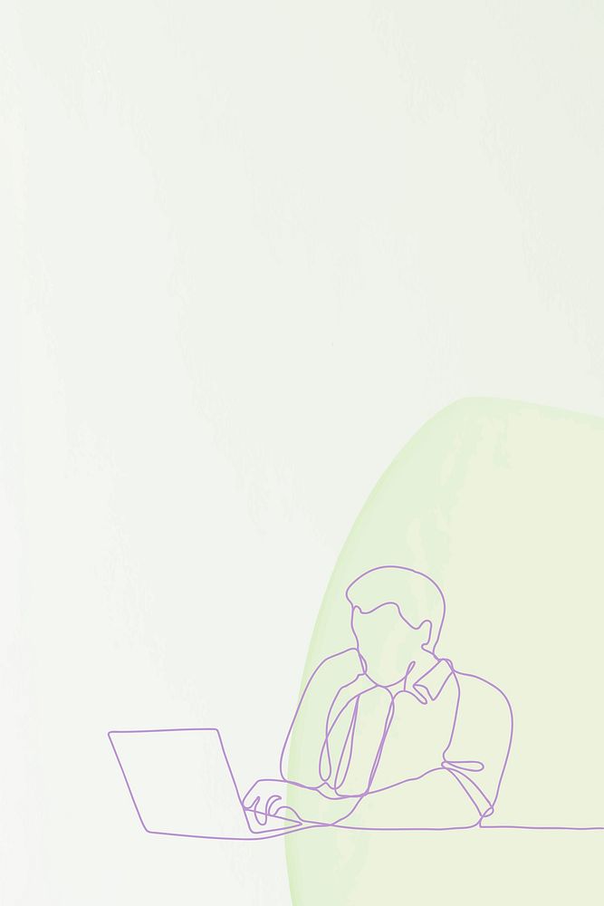 Minimal background, green simple design, person working on laptop illustration vector