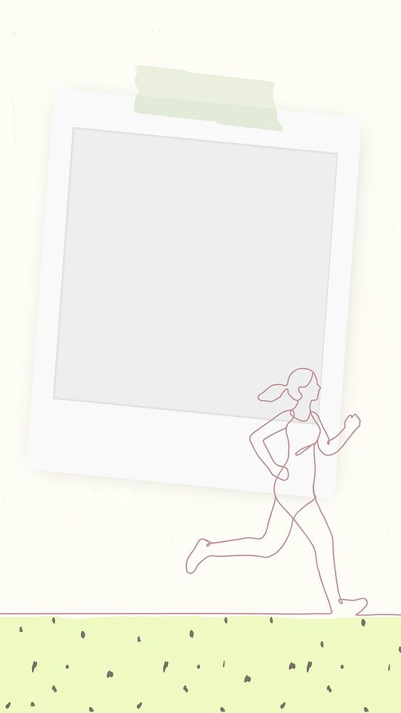 Instant photo frame wallpaper, line art illustration, hand drawn person jogging graphic psd