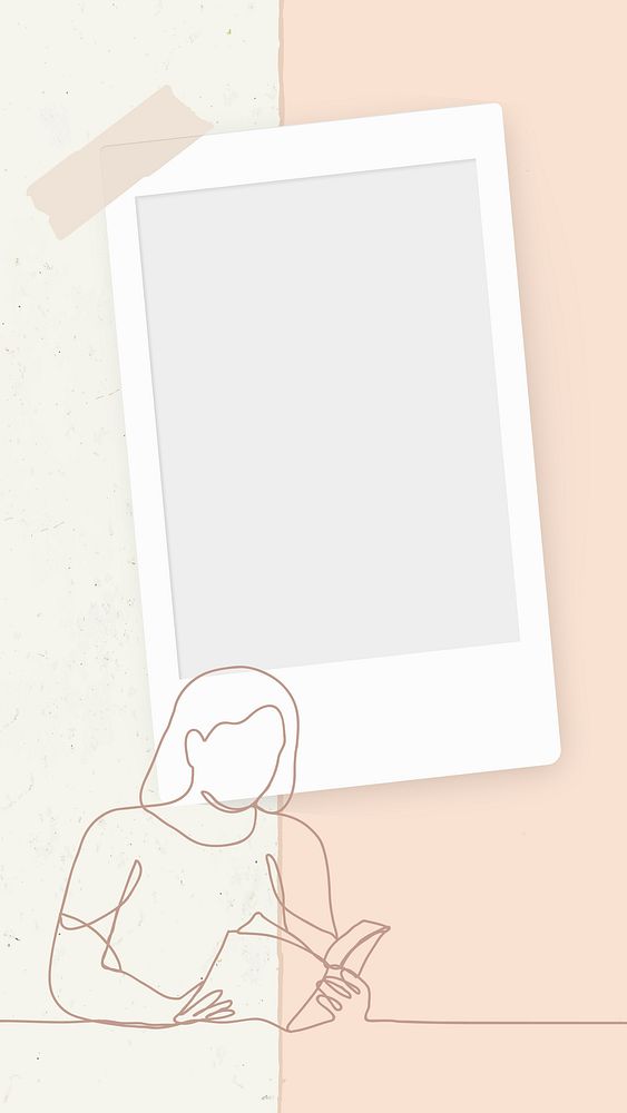 Instant photo frame wallpaper, line art illustration, hand drawn person reading a book graphic psd