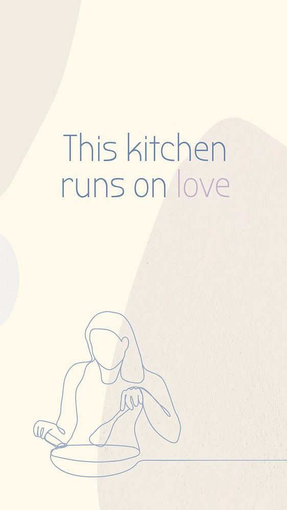 Quote mobile wallpaper template, this kitchen runs on love, typography graphic design, line art illustration vector