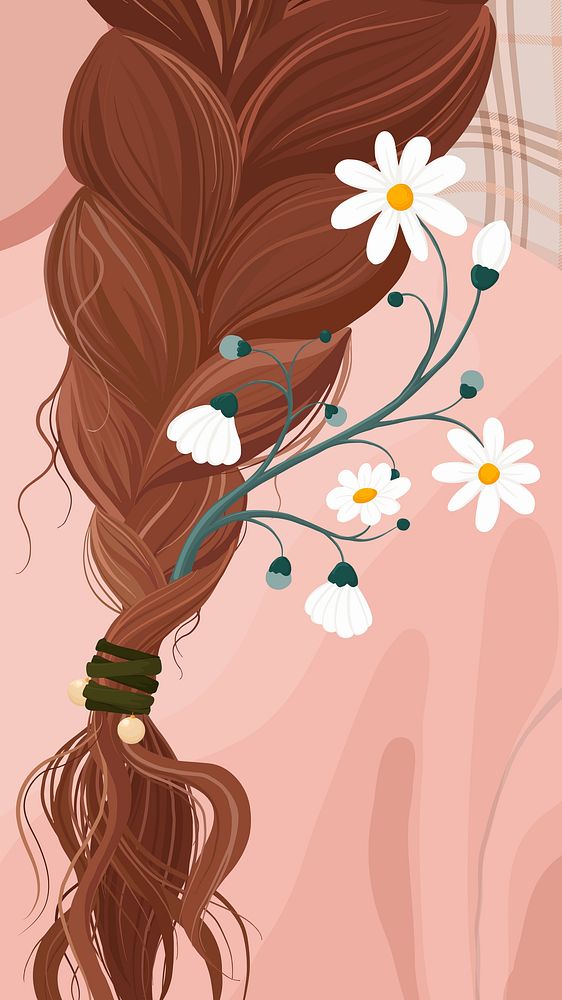 Floral braids iPhone wallpaper, aesthetic hairstyle illustration
