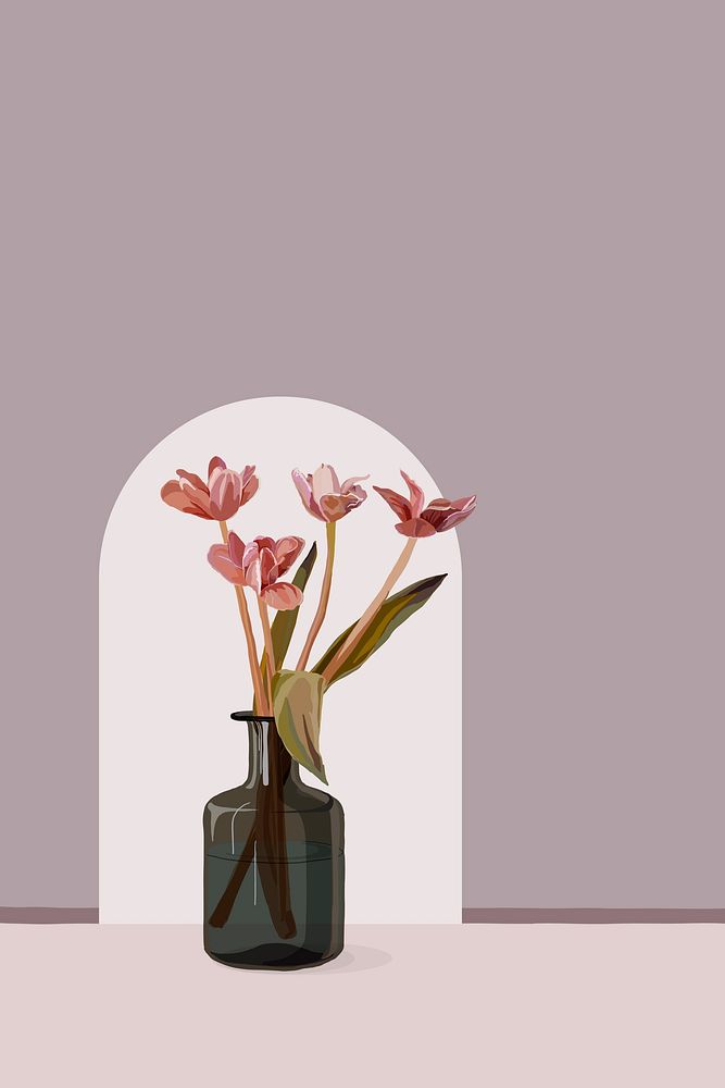 Pink flower background, tulip border in feminine design