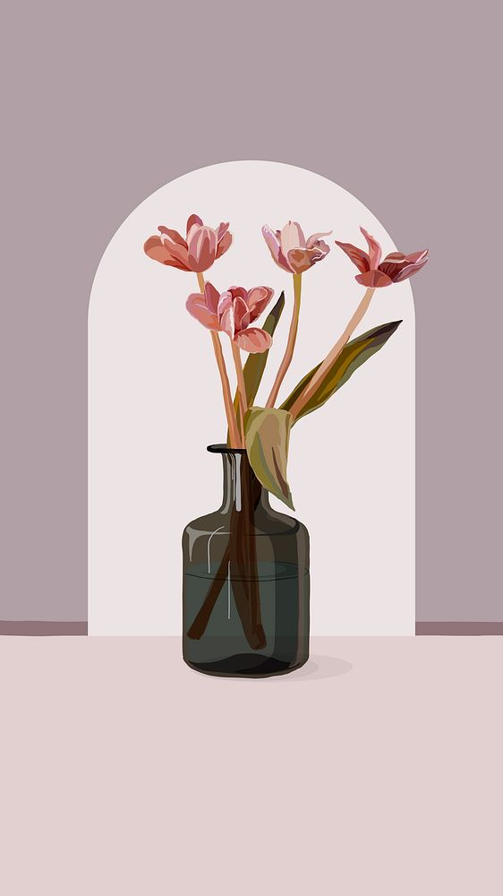 Pink flower phone wallpaper, tulip border in feminine design vector