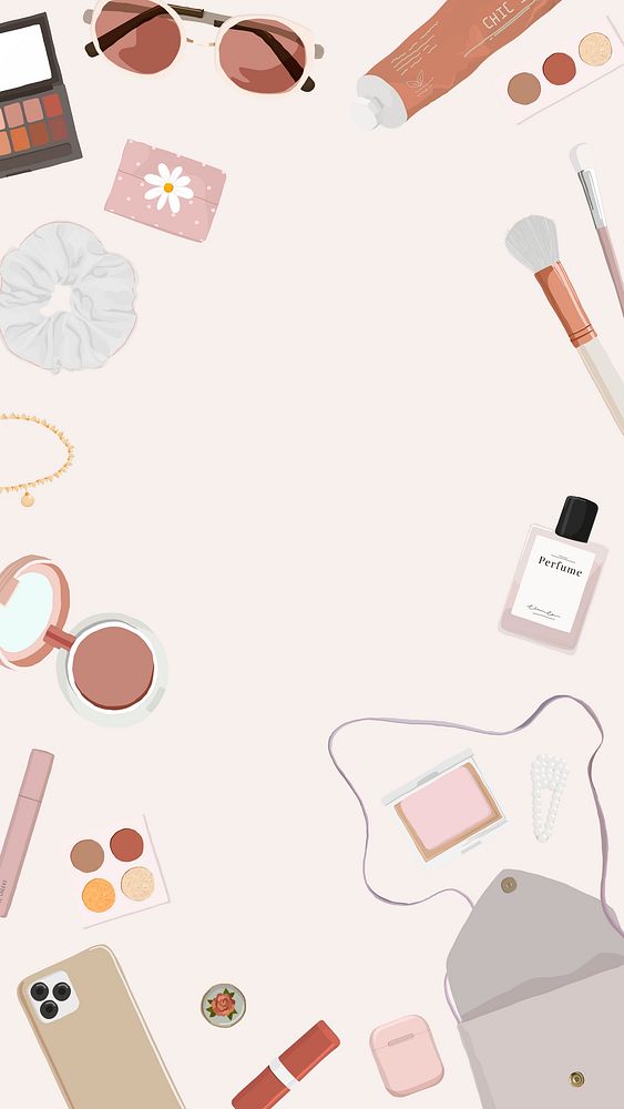 Beauty blogger iPhone wallpaper, pink frame, feminine essentials illustration vector