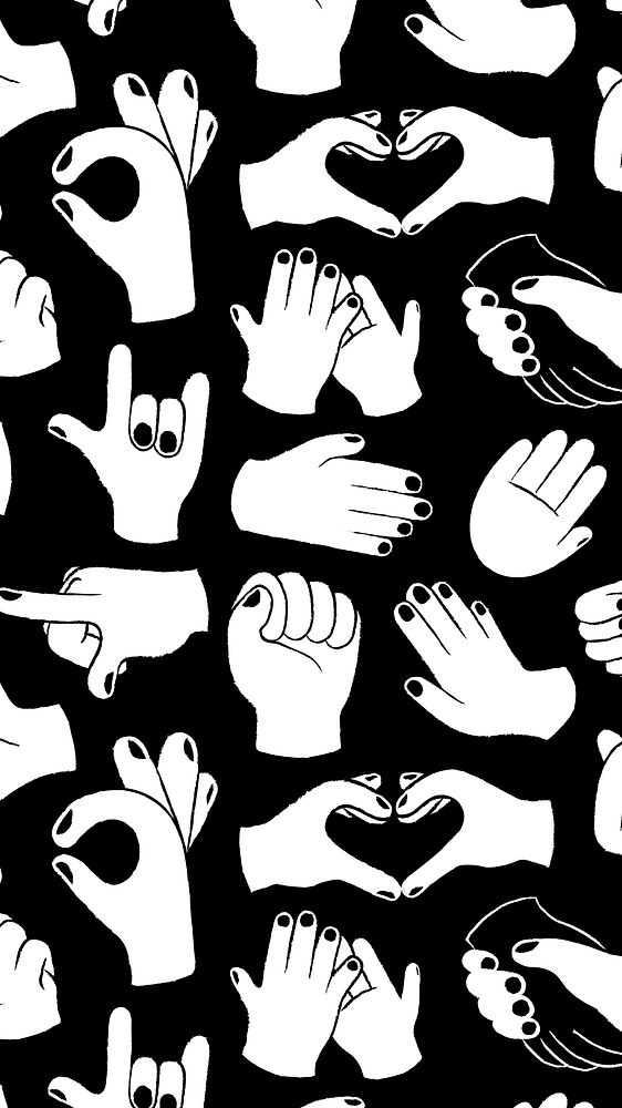 Hand sign mobile wallpaper, doodle pattern in black and white