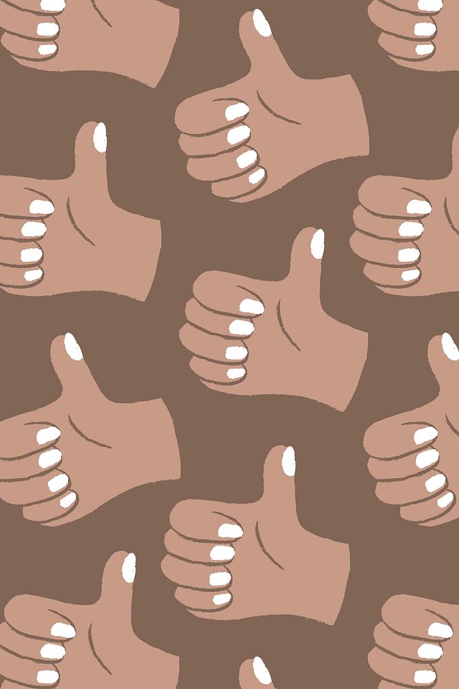 Thumbs up background, hand doodle pattern in brown