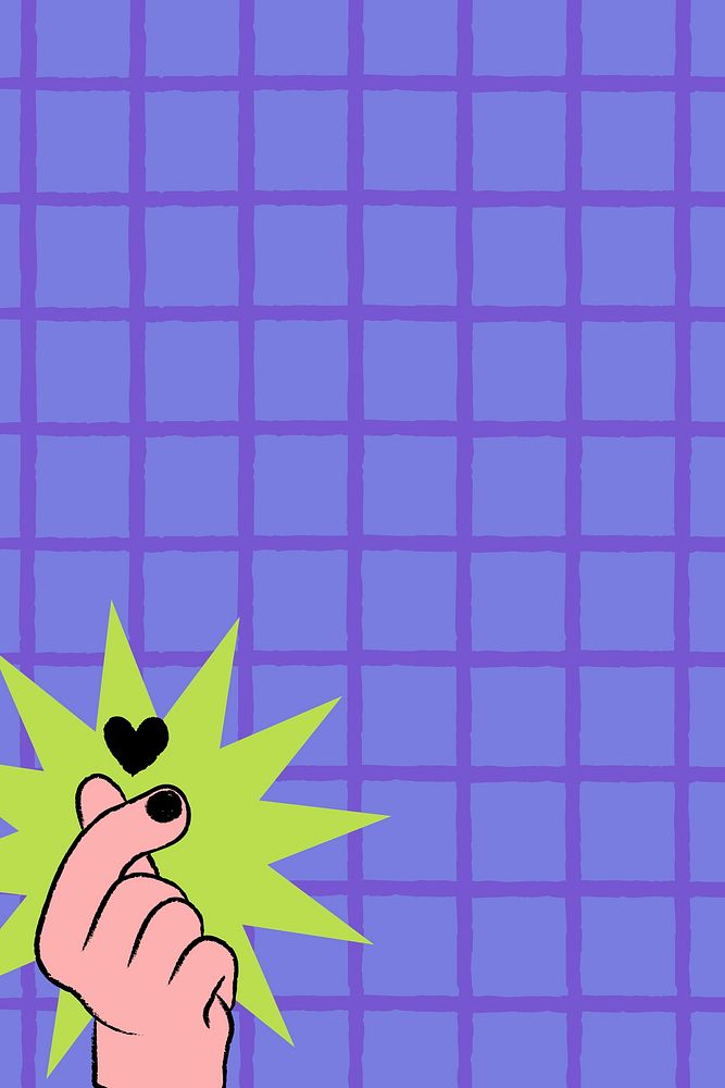 Funky purple background, grid pattern with mini-heart hand doodle