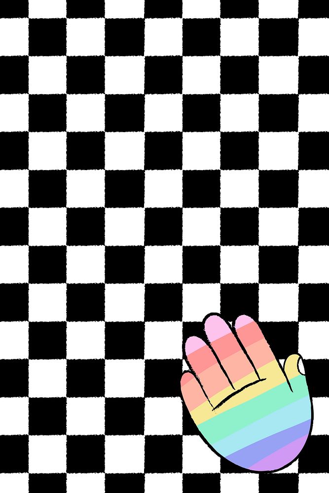 White checkered background, LGBTQ+ rainbow hand doodle border