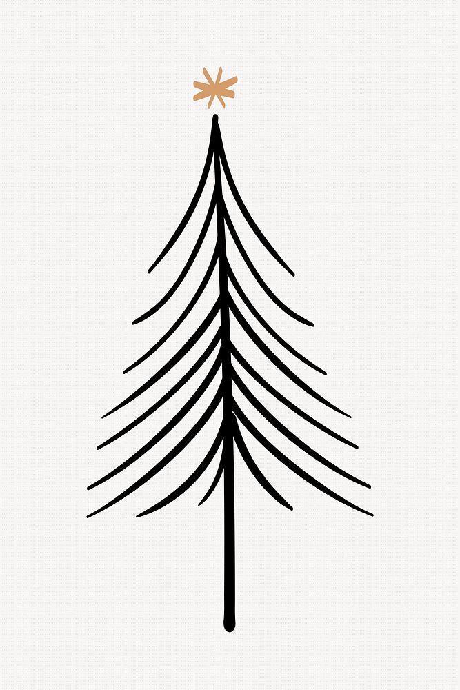 Pine tree collage element, Christmas doodle illustration in black psd