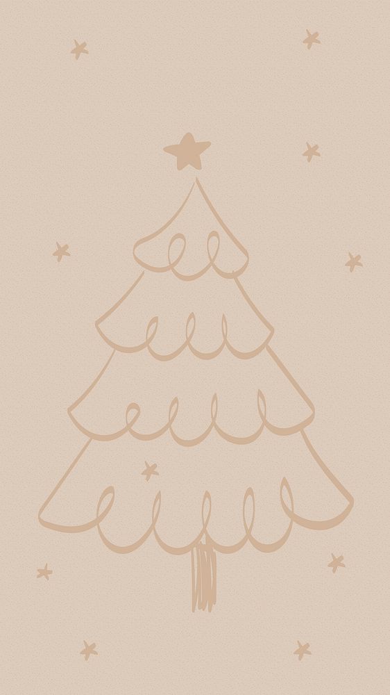 Christmas tree phone wallpaper, winter season doodle in brown vector
