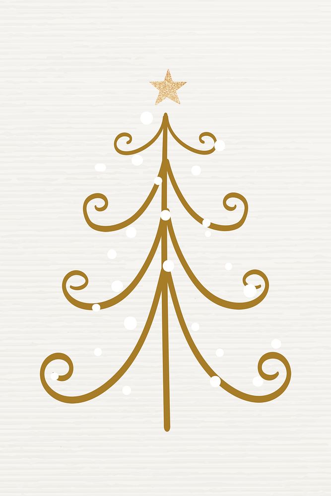 Pine tree element, Christmas doodle illustration in gold