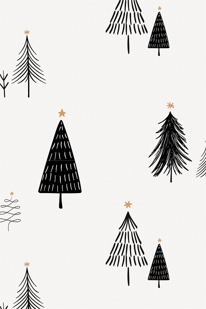 Christmas tree background, cute doodle pattern in black