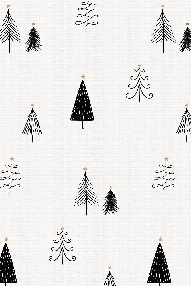 Christmas tree pattern background, cute festive doodle in black