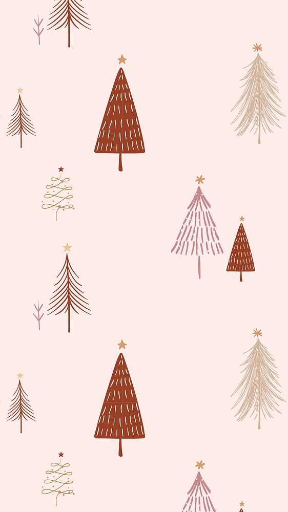 Pink Christmas phone wallpaper, pine trees doodle pattern vector