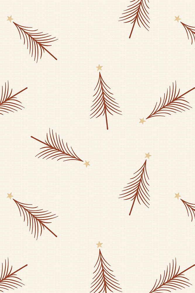 Cream Christmas background, festive trees pattern in doodle design