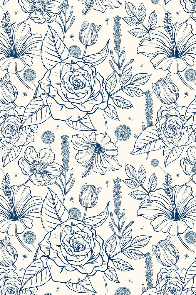 Vintage rose pattern background, blue botanical illustration
