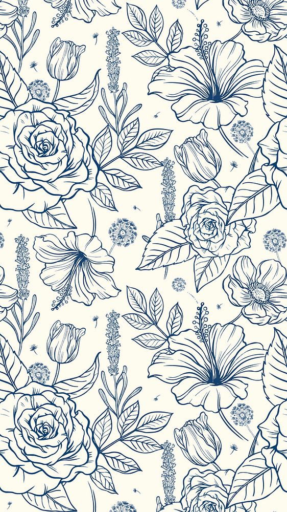 Vintage flower mobile wallpaper, blue pattern illustration