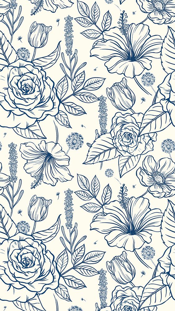 Vintage flower iPhone wallpaper, blue pattern illustration psd