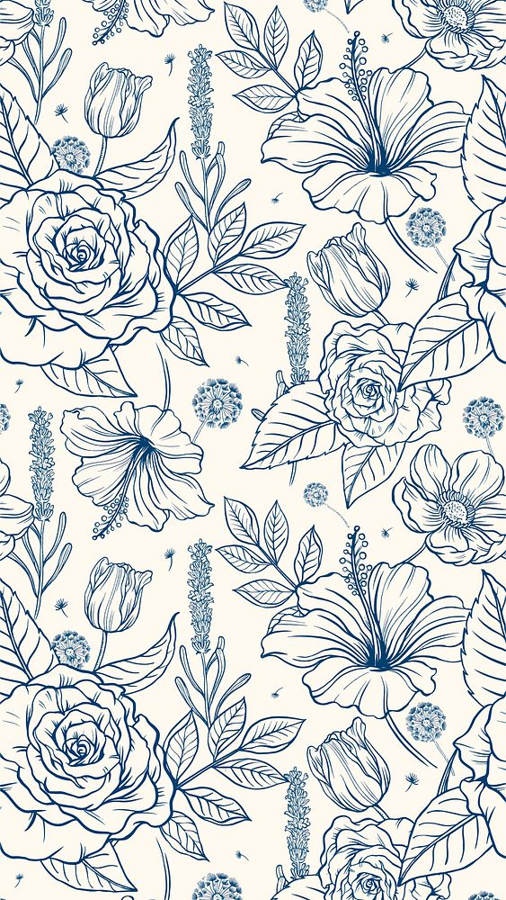 Vintage flower phone wallpaper, blue pattern illustration vector