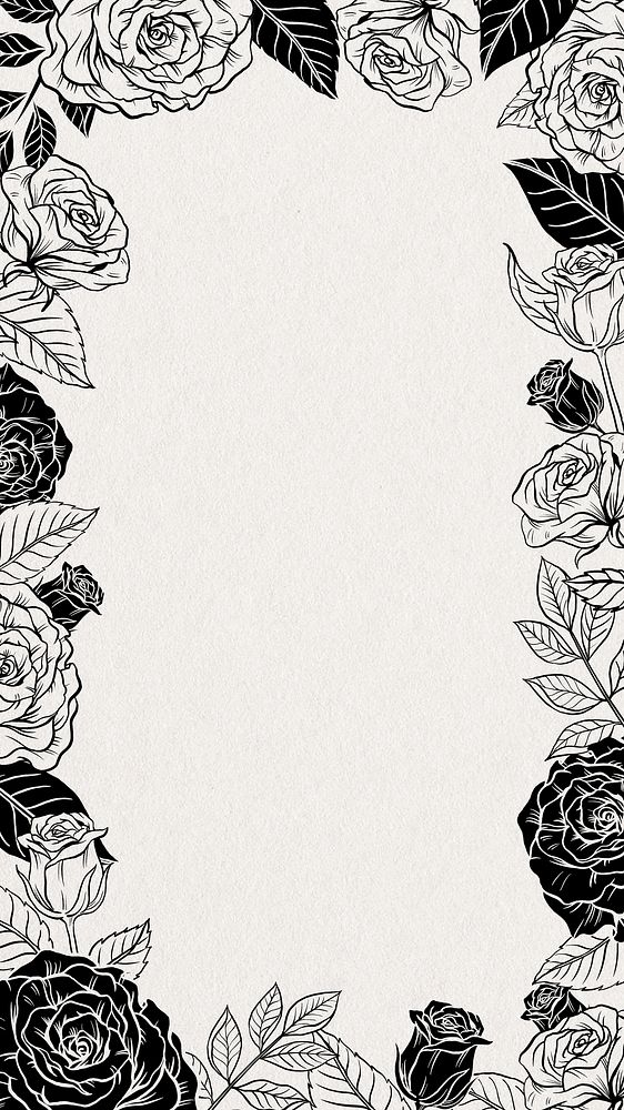 Rose Instagram story frame, vintage flower illustration in black and white