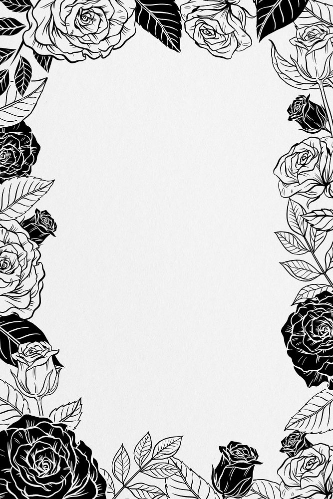 Vintage rose frame background, flower illustration in black and white