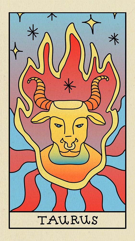 Funky Taurus horoscope iPhone wallpaper, doodle tarot card vector