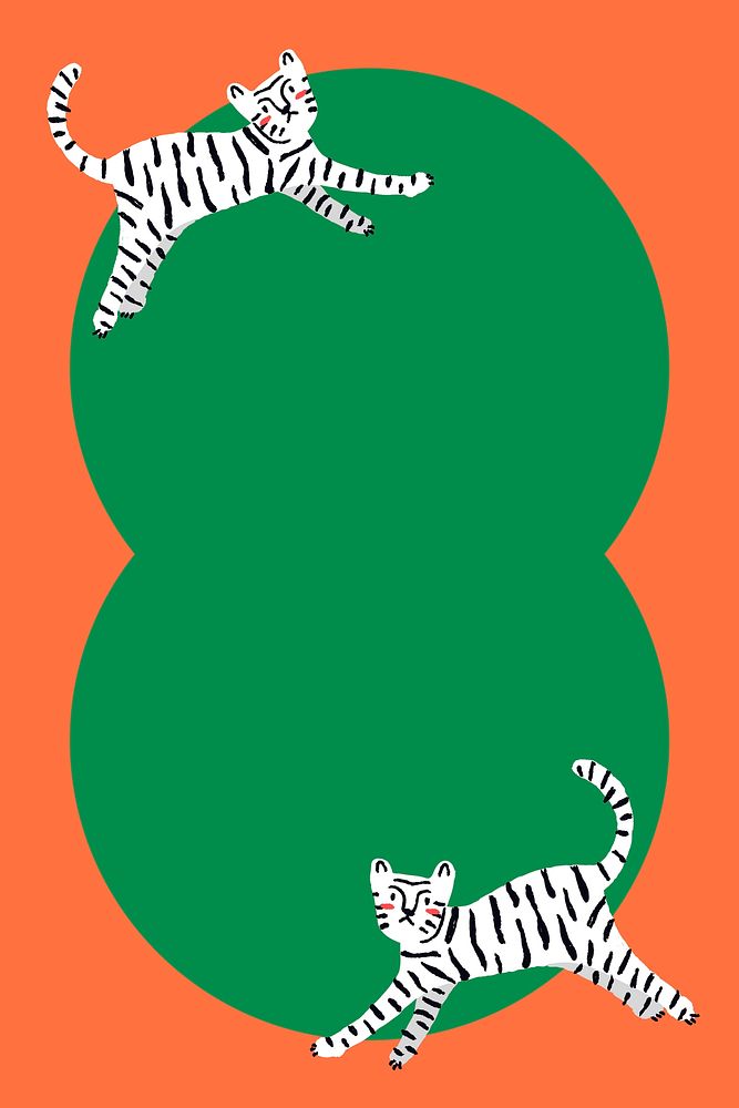Tiger circle frame background, green animal doodle
