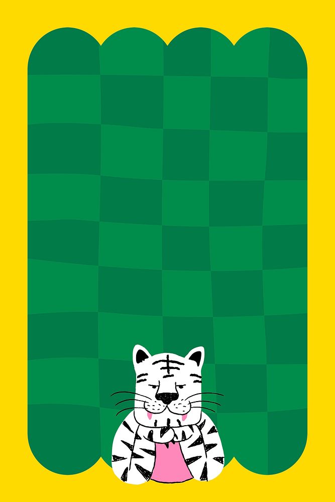 Green checkered frame background, tiger doodle psd
