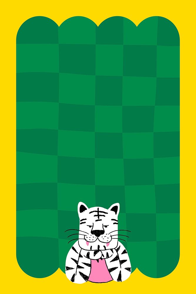 Green checkered frame background, tiger doodle vector