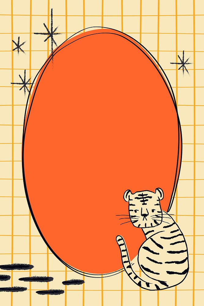 Chinese tiger frame, grid pattern background in orange psd