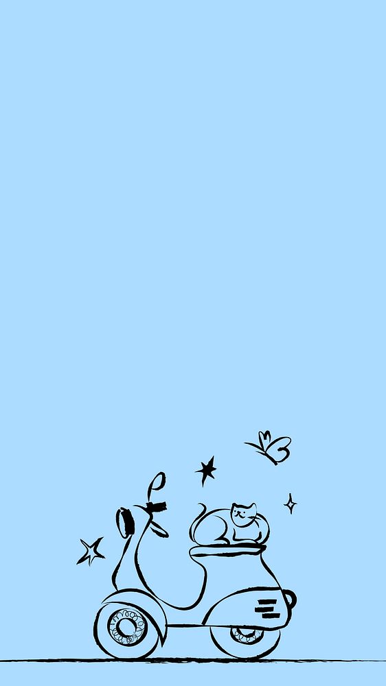 Blue motorcycle mobile wallpaper, cute doodle border background