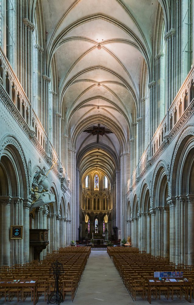 The nave of the cathedral, Bayeux, Calvados, Normandy, France. Original public domain image from Wikimedia Commons