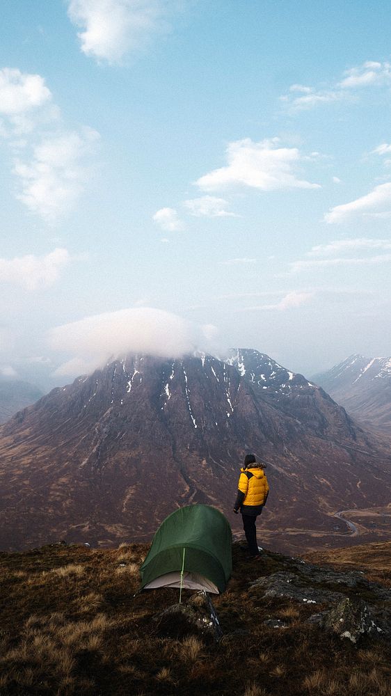 Adventure phone wallpaper background, camping at a misty Glen Coe, Scotland